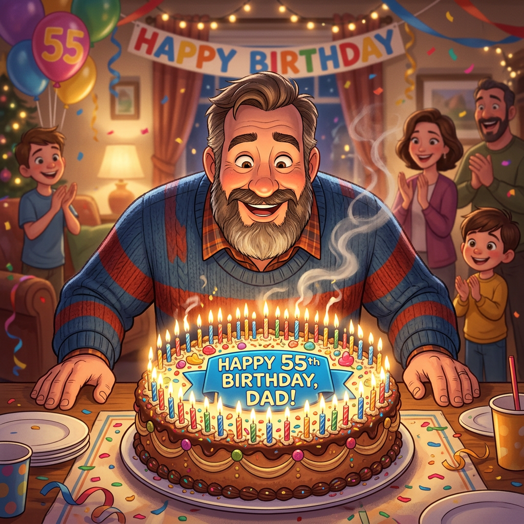 Bearded man leaning over a birthday cake with lit candles that reads Happy 55th Birthday, Dad, while family claps in background