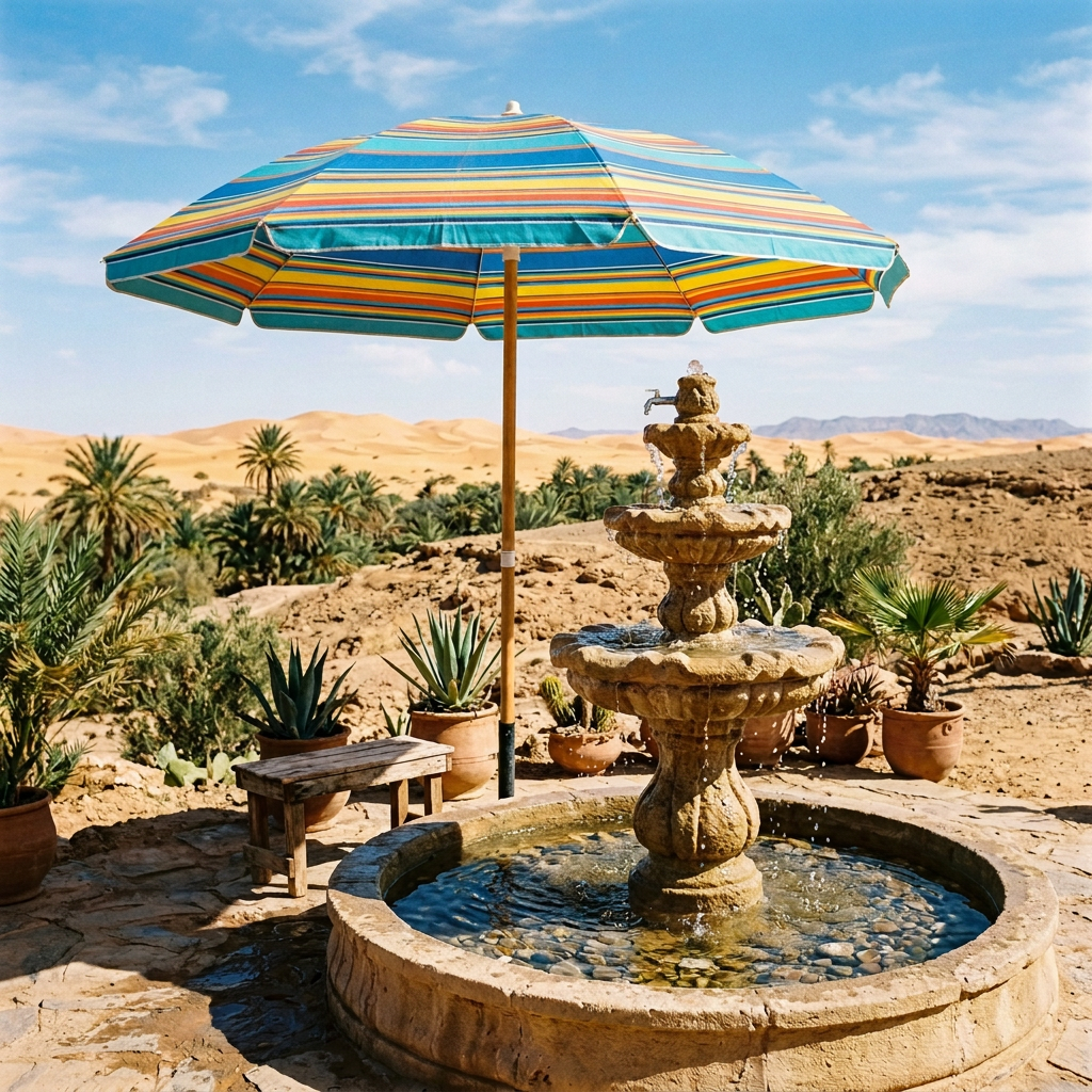 Two-tier stone fountain in a desert oasis with striped umbrella and palm plants