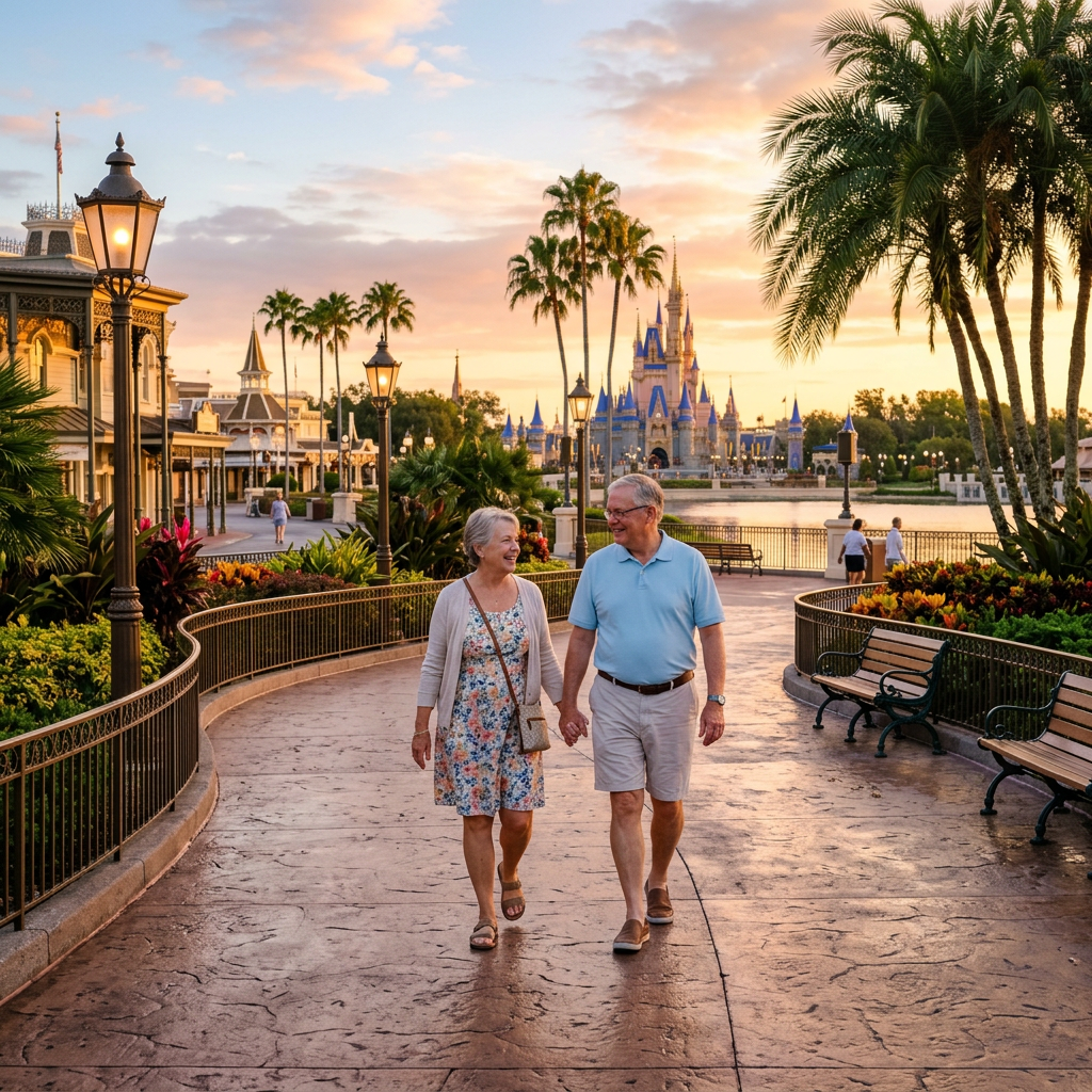 Elderly couple walking hand in hand on a pathway with a castle and palm trees in the background during sunset