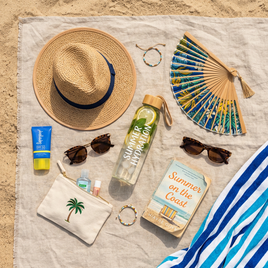 Beach essentials including a straw hat, sunglasses, sunscreen, water bottle, fan, book, and makeup pouch on a towel