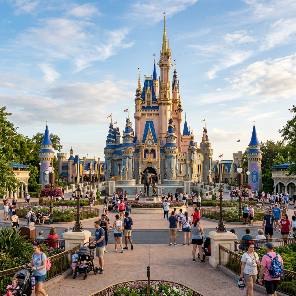 Cinderella Castle with visitors walking and relaxing around it at Disney park