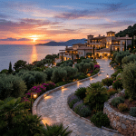 Mediterranean-style coastal villa with lit pathway and sunset over ocean