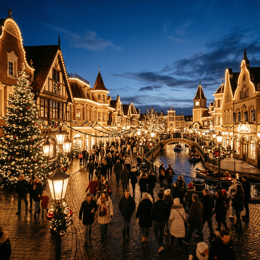 Crowded Christmas market with illuminated buildings, tree, canal, and boats